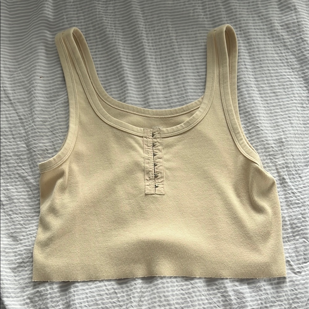 Aerie Cream Sleeveless Buttoned Crop Tank Top